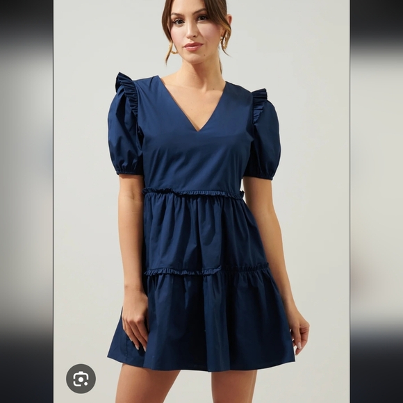 Sugarlips Madrigal Poplin Tiered Mini Dress Sz Small Blue - Picture 9 of 10